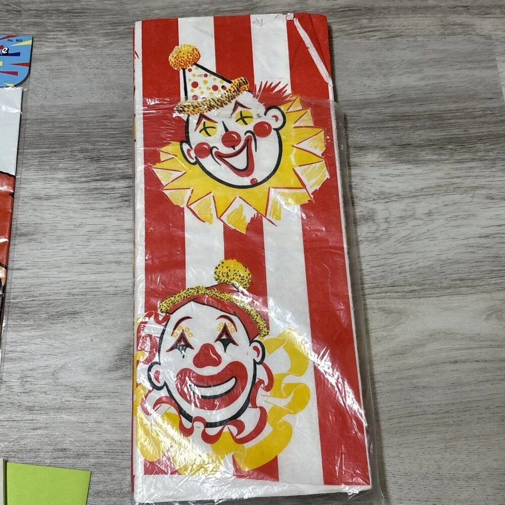 Vtg Birthday Party Supplies Clown Cake Toppers Game Cloth Honeycomb Centerpiece